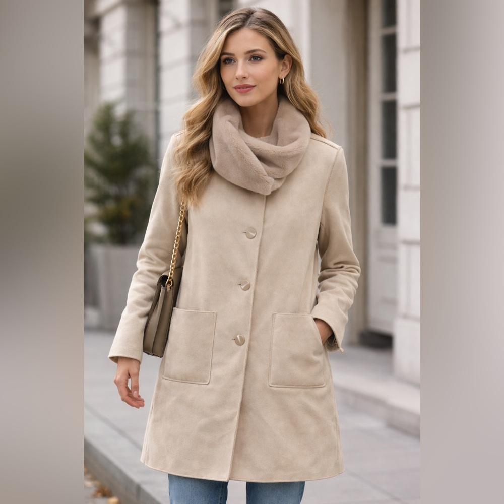 Cream Button Front Coat with Funnel Neck